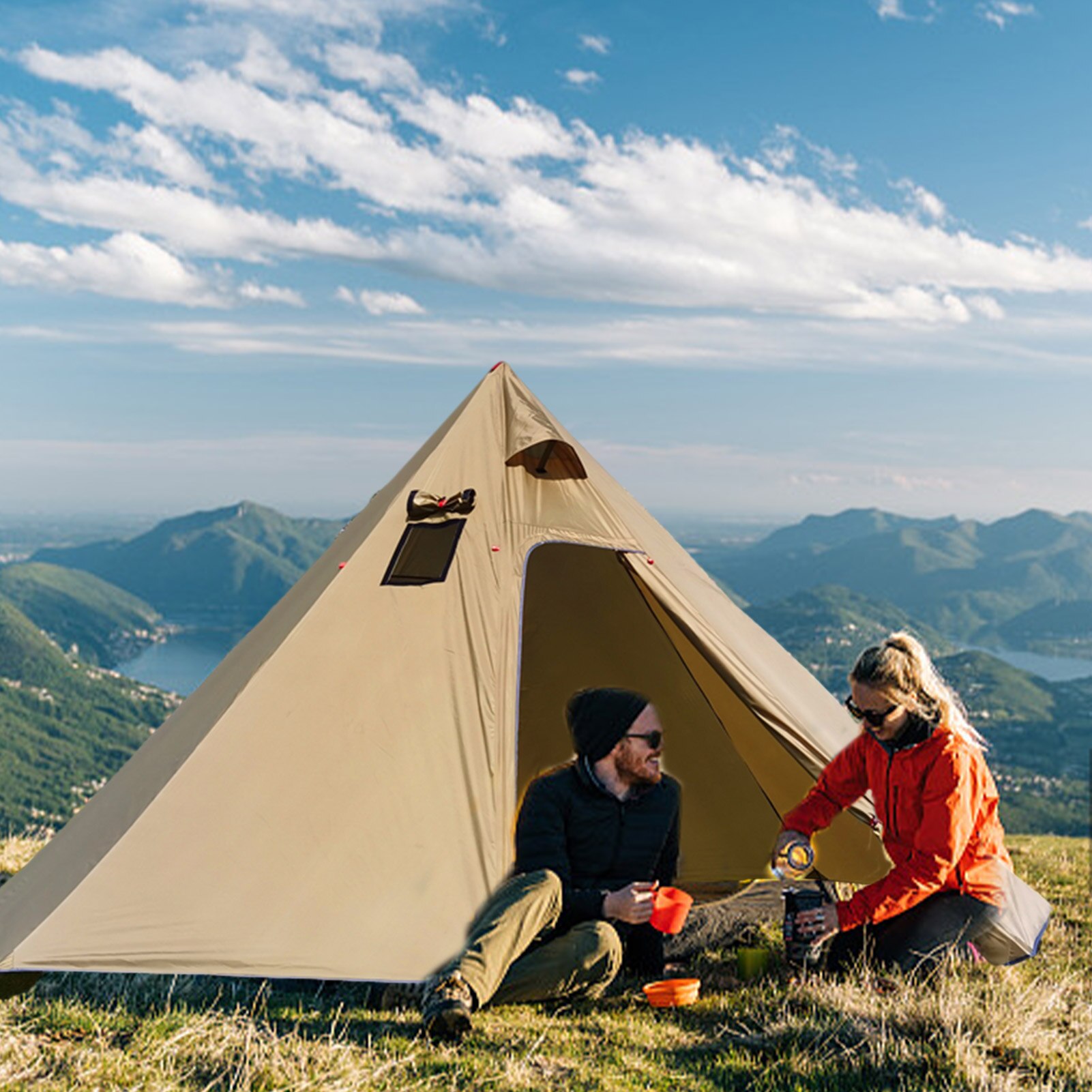 Cheap Goat Tents Camping Tent 3 Person Family Tent Waterproof Windproof Easy Setup Tent Easy Setup 3 Person Tent Sun Shade Square Chimney Window   